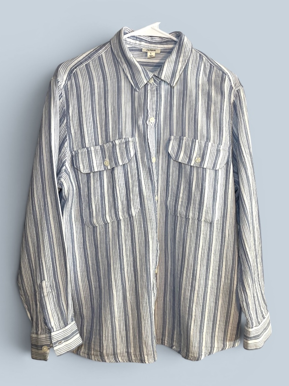 a.n.a. Blue White Striped Double Gauze Button Up Shirt Size Large (Generous Fit)